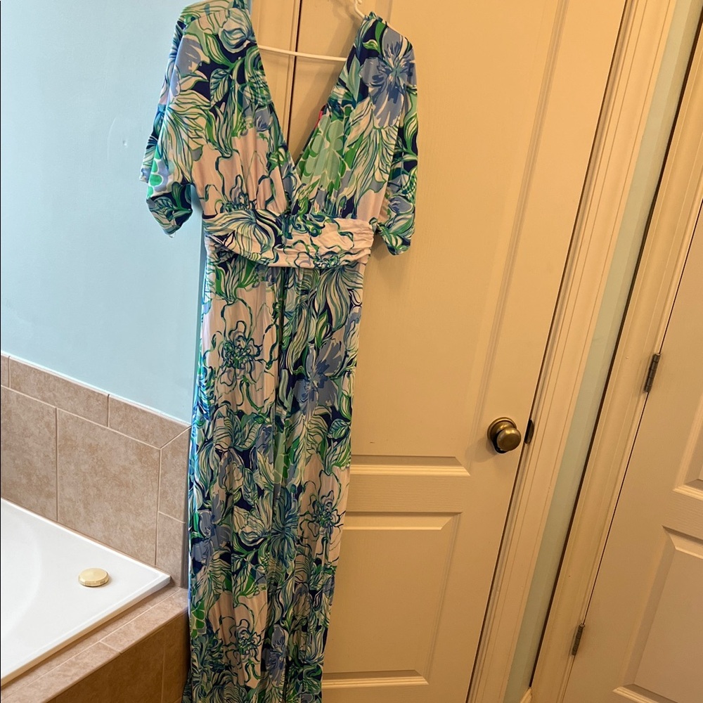 Lilly Pulitzer Floral V-Neck Maxi Dress in Blue & Green
